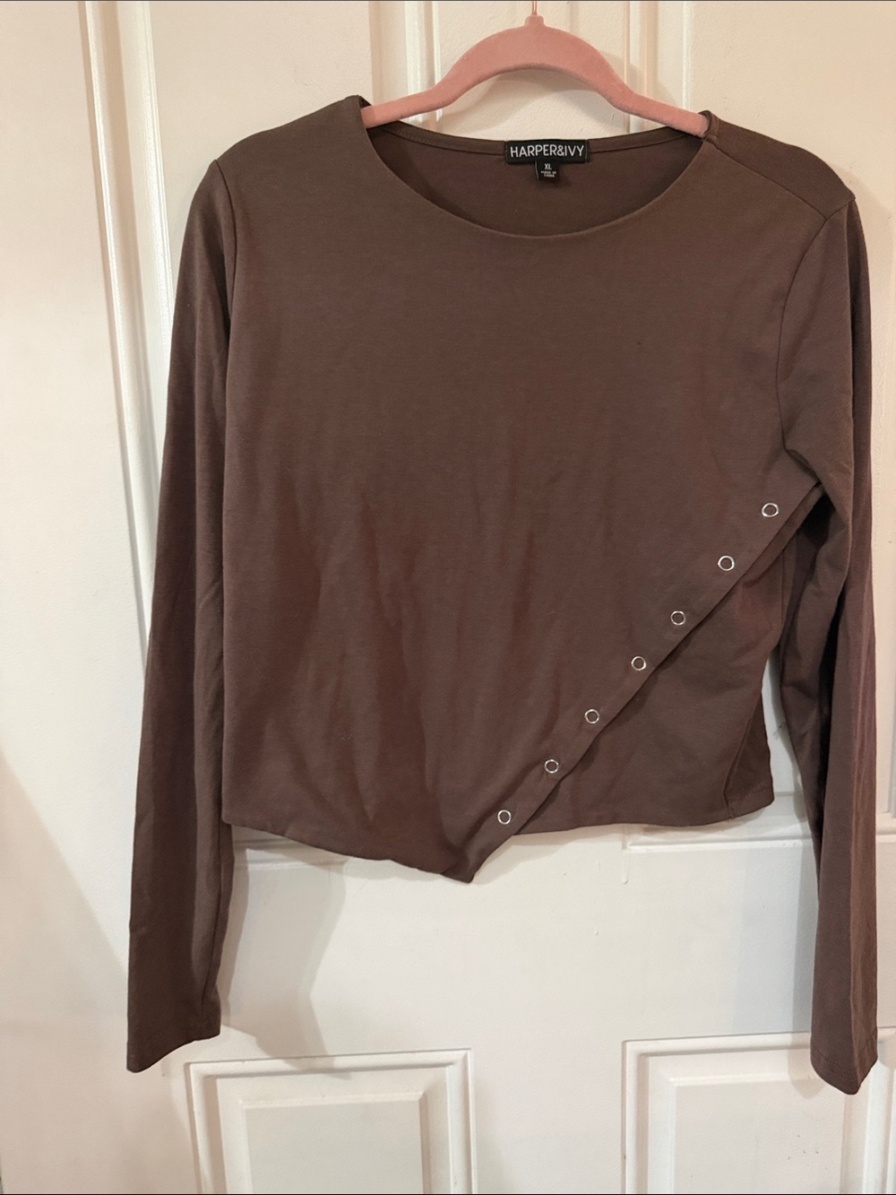 Harper Brown Long-Sleeve Asymmetric Snap-Accent Tee